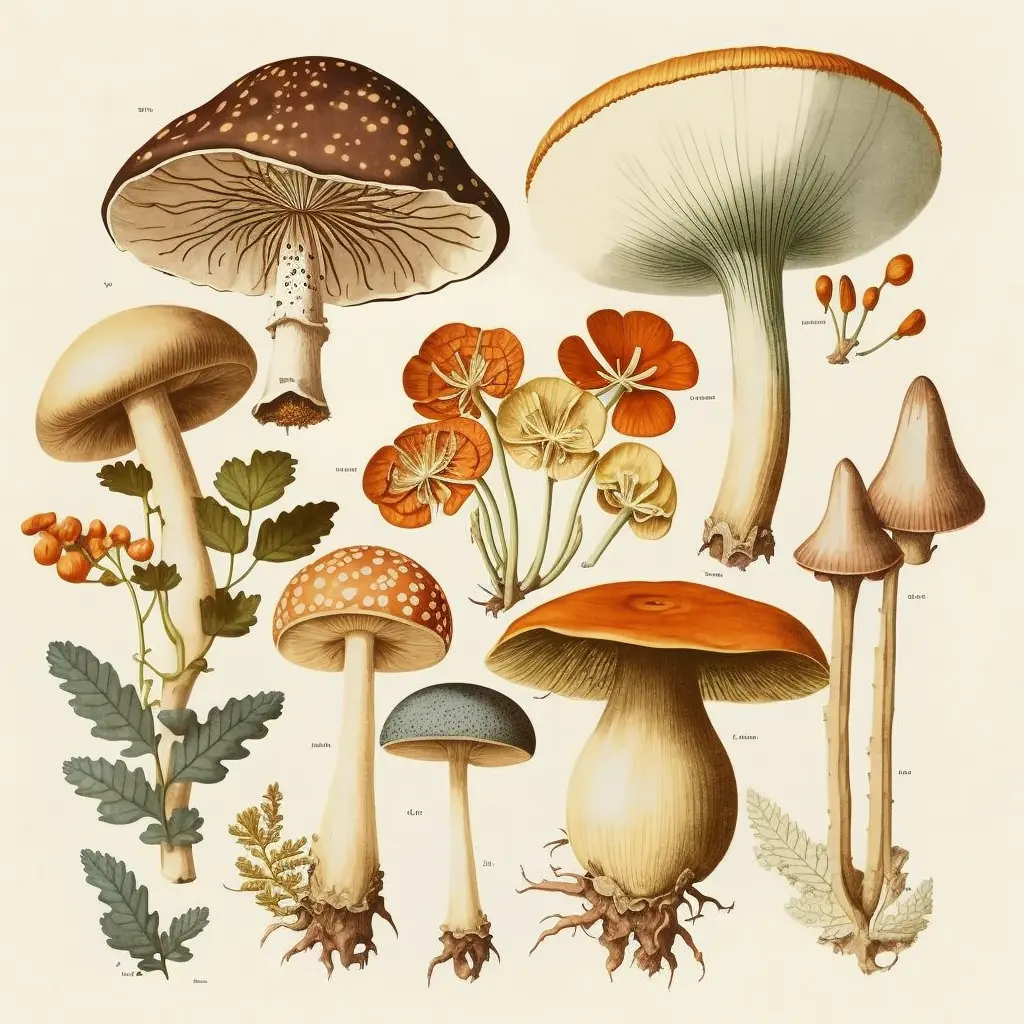different types of mushrooms, botanical illustration, white background, style of Pierre-Joseph Redoute